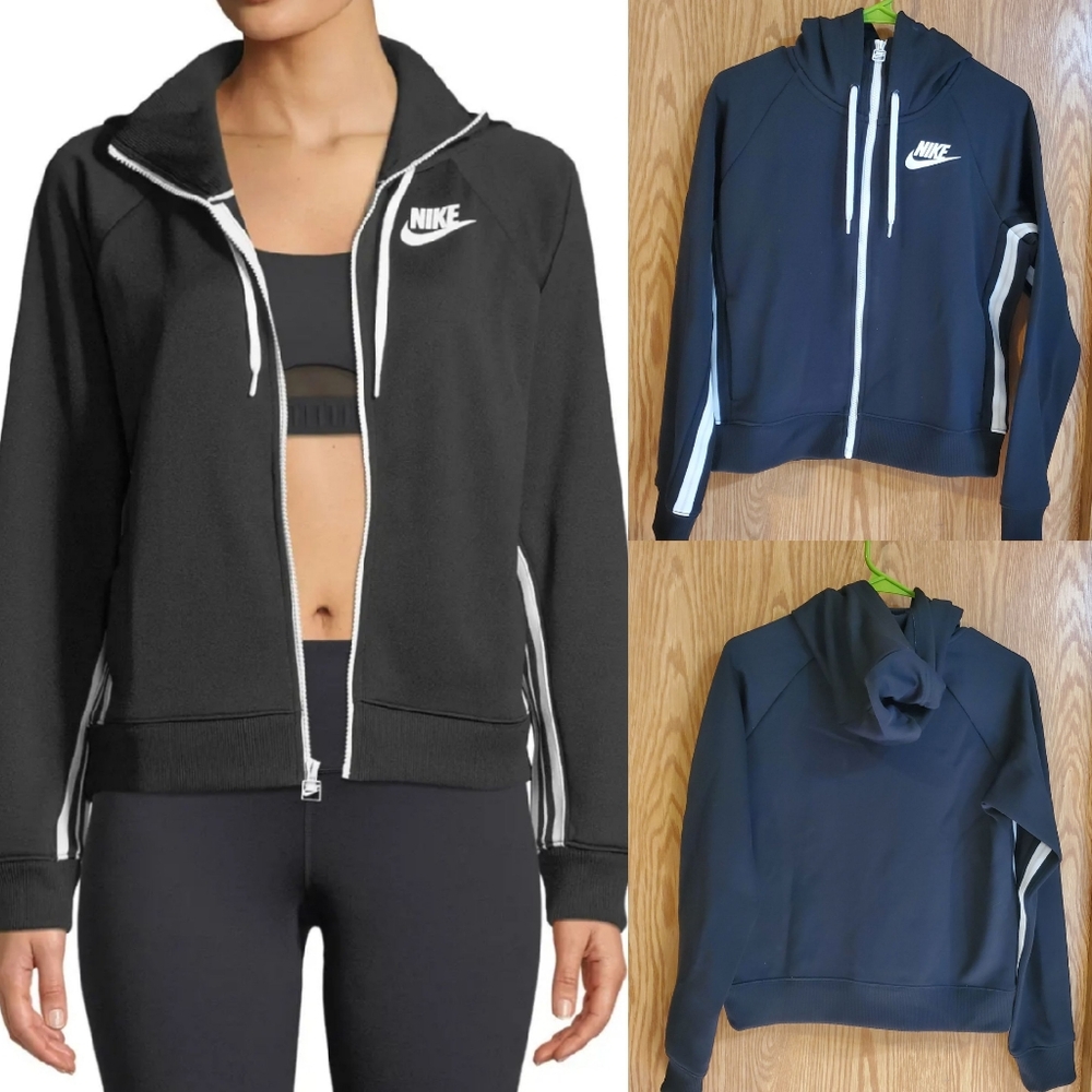 Nike side stripe zip front hooded track jacket size S black polyester blend